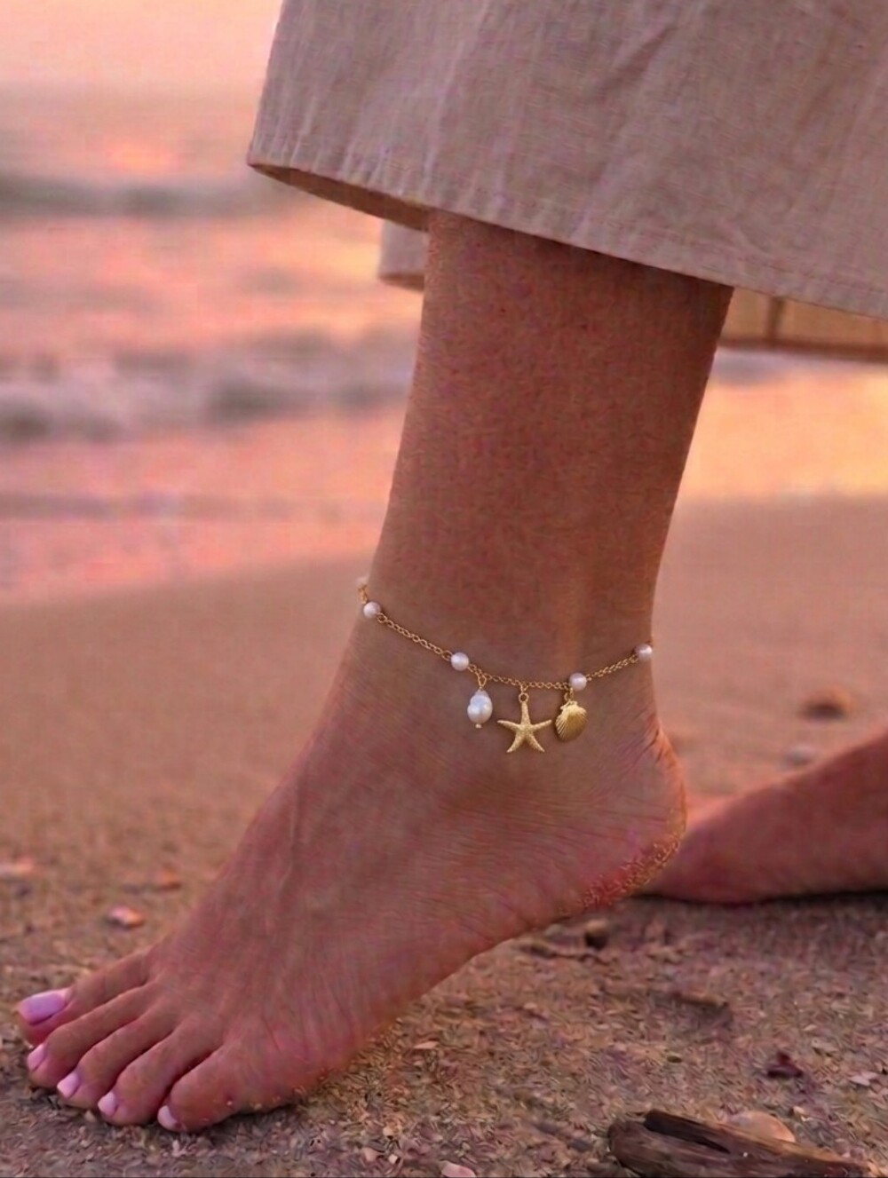 ​Gold Shell Starfish Pearl Anklet Nautical Charm Bracelet Boho Summer Jewelry